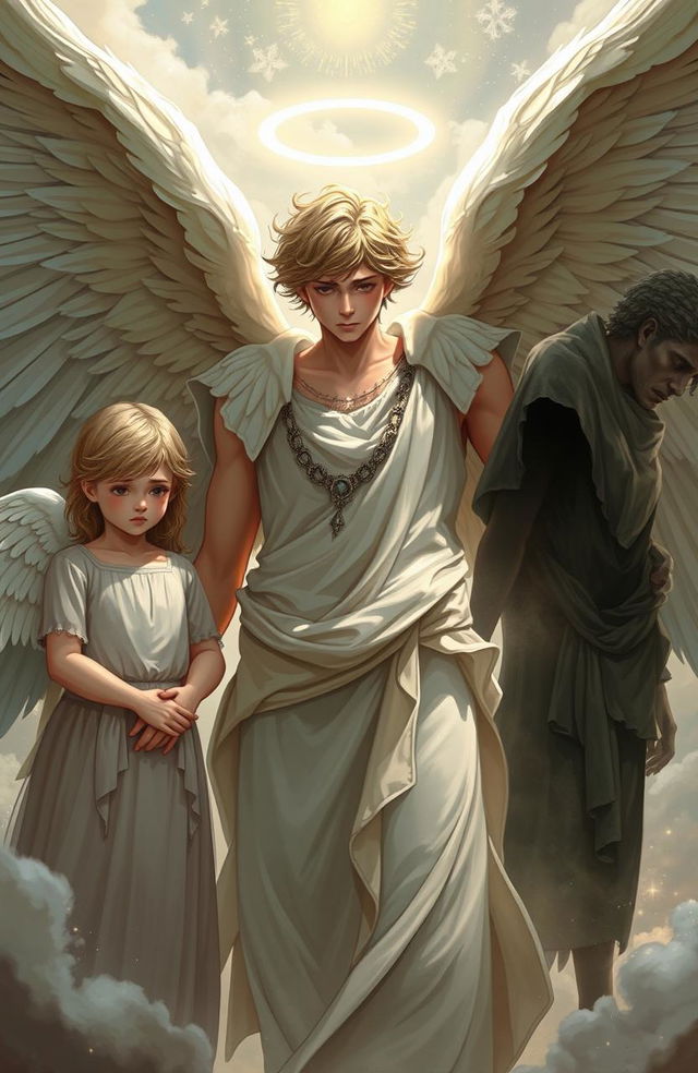 A poignant scene depicting a male angel torn between two heart-wrenching choices: on one side, his beloved younger sister with a worried expression, and on the other, a mysterious figure representing wounds or suffering, shrouded in shadow