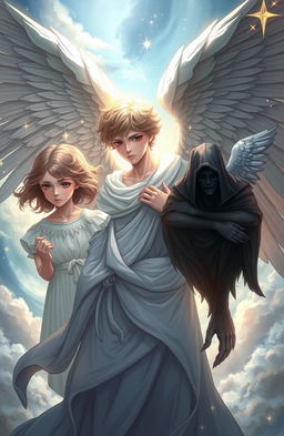 A poignant scene depicting a male angel torn between two heart-wrenching choices: on one side, his beloved younger sister with a worried expression, and on the other, a mysterious figure representing wounds or suffering, shrouded in shadow