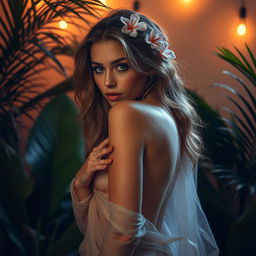 A sensual and artistic depiction of a beautiful female figure with elegant features, posed gracefully in an intimate setting