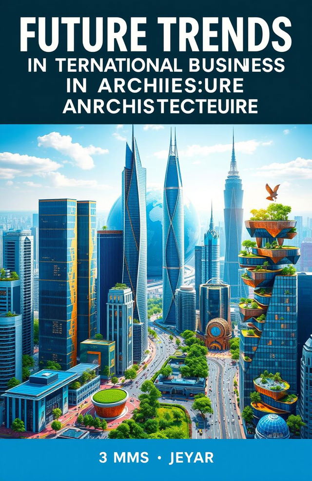 A captivating book cover design for 'Future Trends in International Business and Architecture'