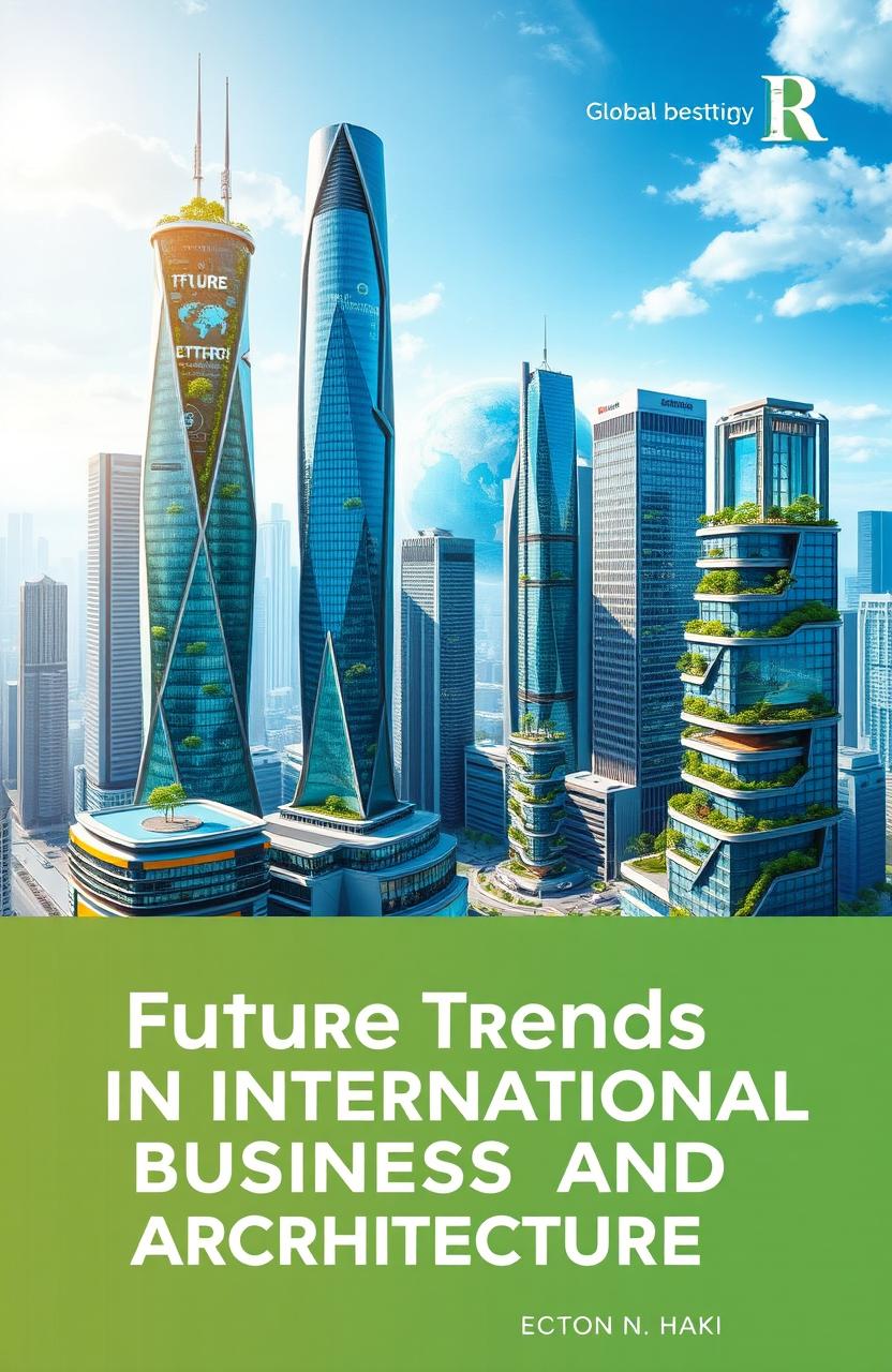 A captivating book cover design for 'Future Trends in International Business and Architecture'