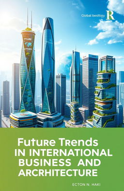 A captivating book cover design for 'Future Trends in International Business and Architecture'