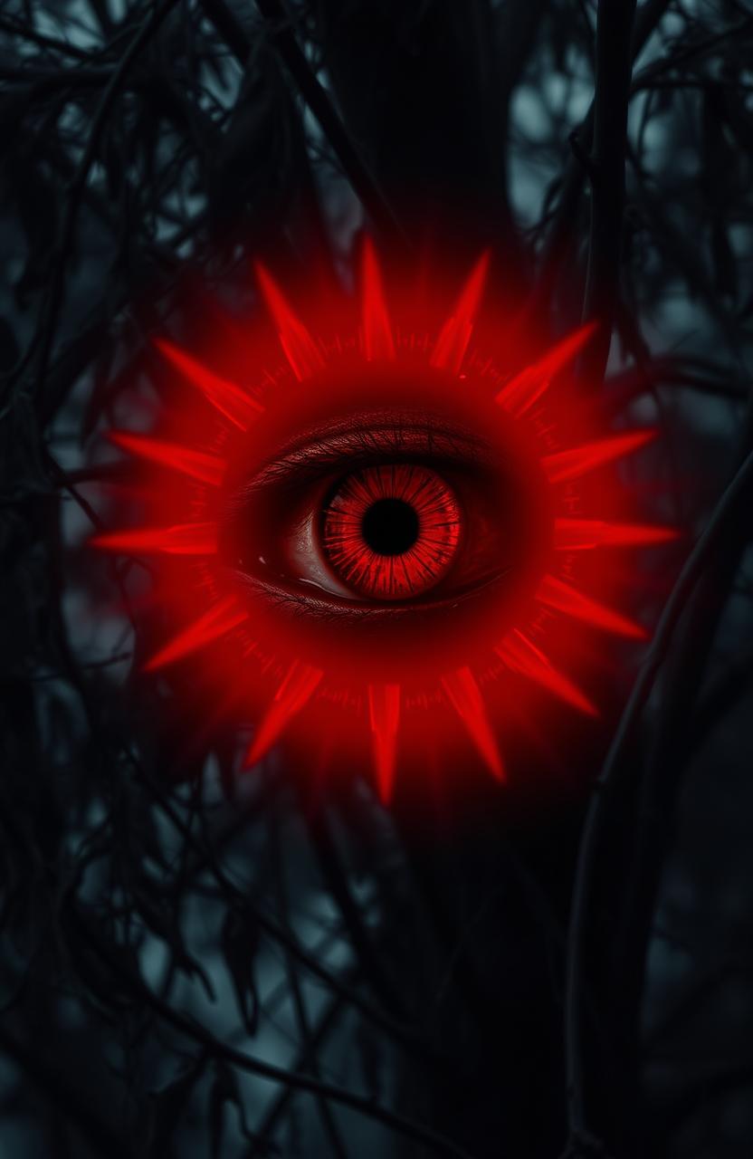 A haunting red eye surrounded by a terrifying halo, set against a background of withered tree leaves