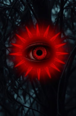 A haunting red eye surrounded by a terrifying halo, set against a background of withered tree leaves