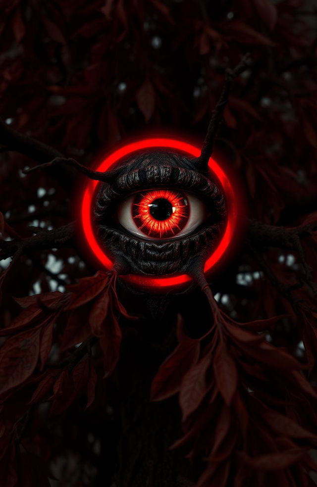 A haunting red eye surrounded by a terrifying halo, set against a background of withered tree leaves