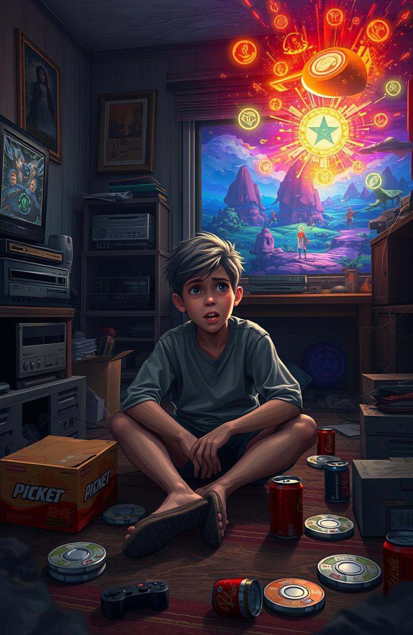 A 15-year-old boy with a distressed expression, sitting alone in a small, dimly lit apartment surrounded by gaming consoles and scattered game discs