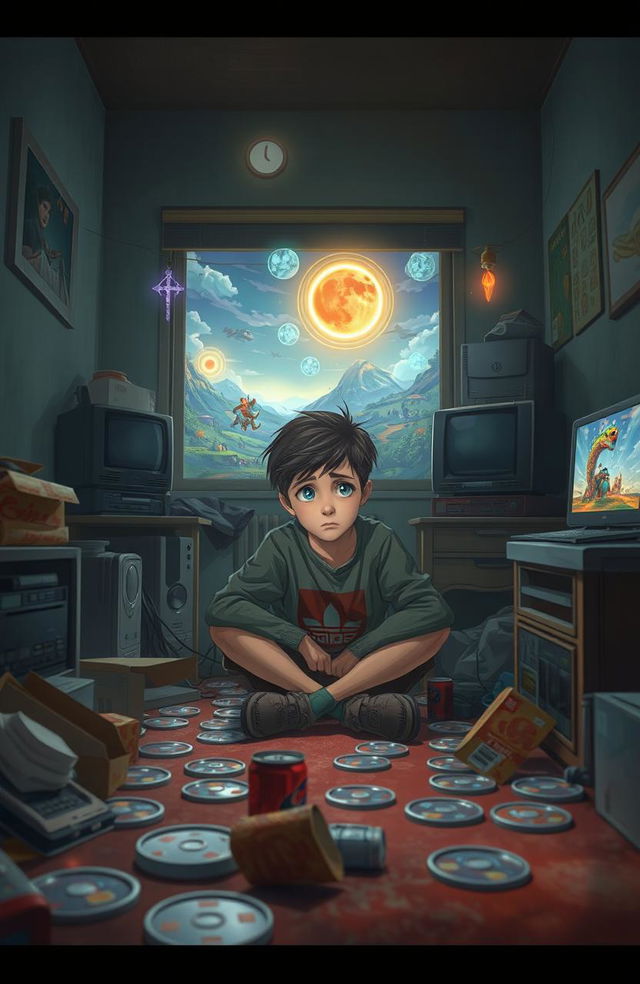 A 15-year-old boy with a distressed expression, sitting alone in a small, dimly lit apartment surrounded by gaming consoles and scattered game discs