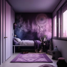 Create a modern, minimalist room for an 18-year-old girl embodying both tomboy and girly aspects. The room has a balcony and features black, blue, purple, grey and white colors with influences from the Sanatan Dharma themes.