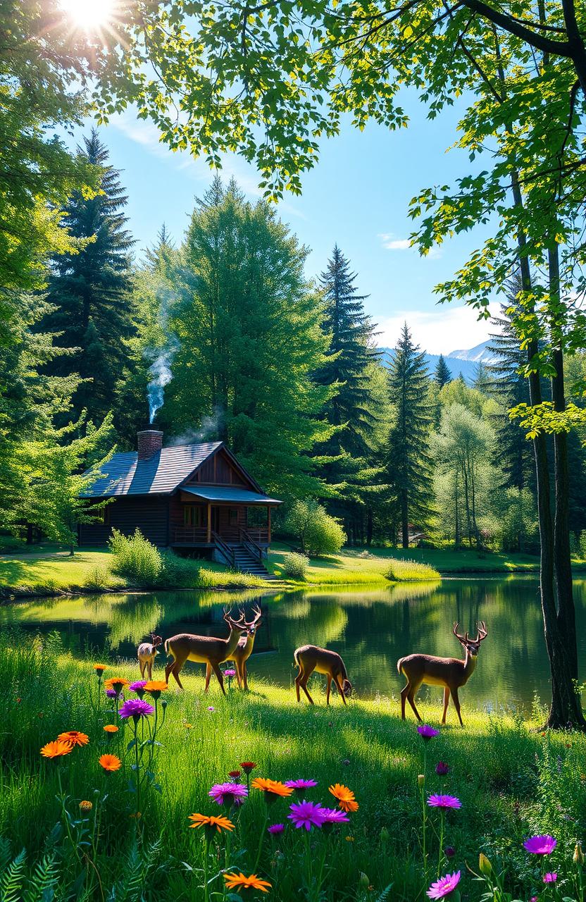 A serene landscape featuring a beautiful secluded cabin in the woods surrounded by lush green trees and a peaceful lake reflecting a clear blue sky