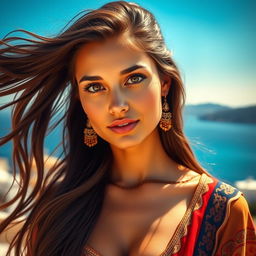 A stunning portrait of a tanned Greek beauty with long flowing dark hair, sun-kissed skin, and captivating brown eyes