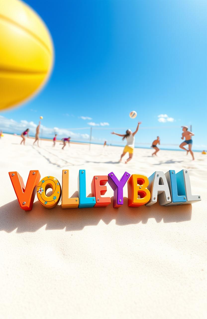 An artistic composition featuring vibrant typography spelling out 'VOLLEYBALL' in a dynamic and bold font