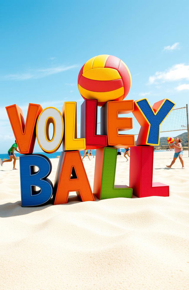 An artistic composition featuring vibrant typography spelling out 'VOLLEYBALL' in a dynamic and bold font