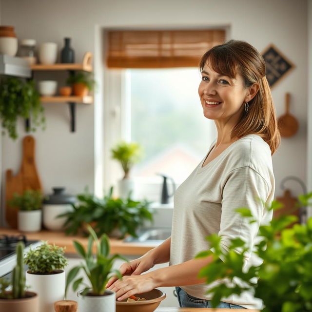 A middle-aged woman aged between 35 to 40 years old with a simple and approachable appearance, dressed casually in comfortable home attire, standing in a cozy kitchen setting