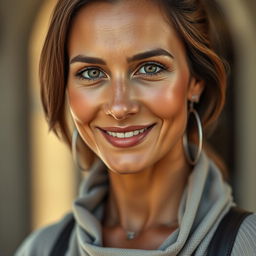 A beautiful portrait of a tanned Greek woman, aged between 30 to 40 years, with stunning eyes that draw attention