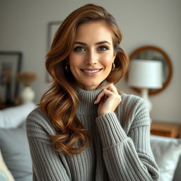 A woman aged between 30 and 45 years, with beautiful chestnut brown hair and a refined European look, wearing a stylish and cozy knit sweater