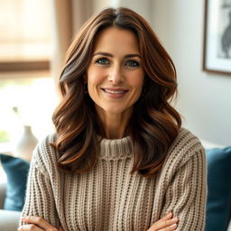 A woman aged between 30 and 45 years, with beautiful chestnut brown hair and a refined European look, wearing a stylish and cozy knit sweater