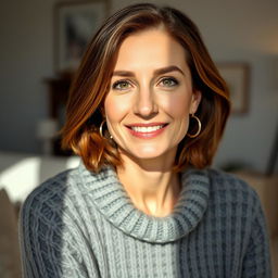 A woman aged between 30 and 45 years, with beautiful chestnut brown hair and a refined European look, wearing a stylish and cozy knit sweater