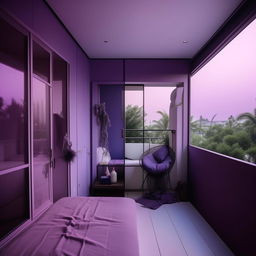 Create a modern, minimalist room for an 18-year-old girl embodying both tomboy and girly aspects. The room has a balcony and features black, blue, purple, grey and white colors with influences from the Sanatan Dharma themes.