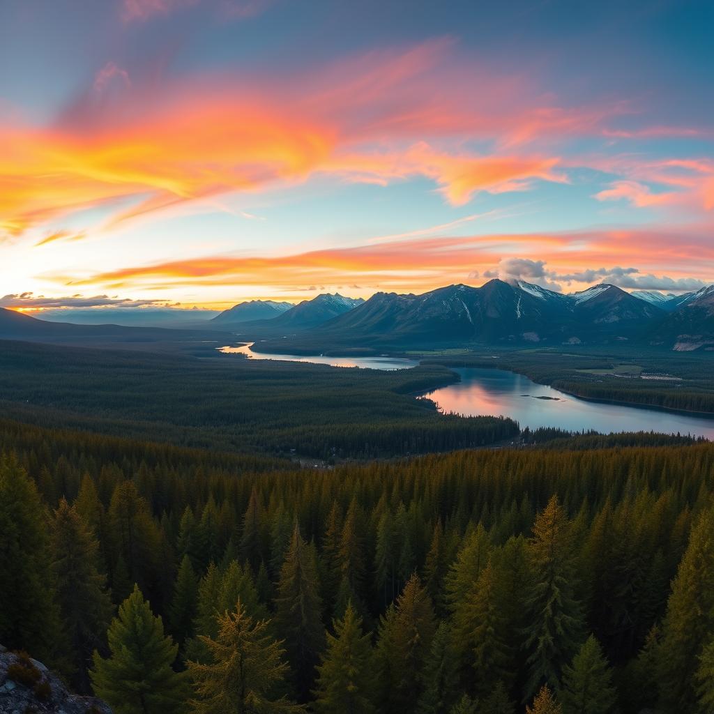 A breathtaking panoramic view of the Finnish landscape featuring lush green forests, serene lakes, and majestic mountains under a vibrant sunset sky