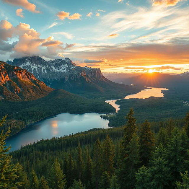 A breathtaking panoramic view of the Finnish landscape featuring lush green forests, serene lakes, and majestic mountains under a vibrant sunset sky