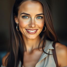 A stunning portrait of a beautiful, tanned Greek woman, aged between 30 to 40 years, with captivating and expressive eyes