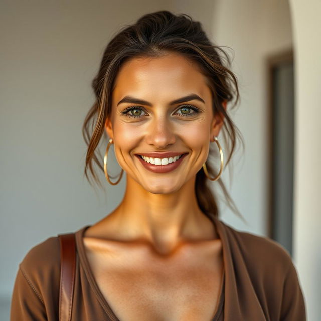 A stunning portrait of a beautiful, tanned Greek woman, aged between 30 to 40 years, with captivating and expressive eyes