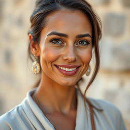 A captivating portrait of a tanned Greek woman, aged between 30 to 40 years, with beautiful, expressive eyes