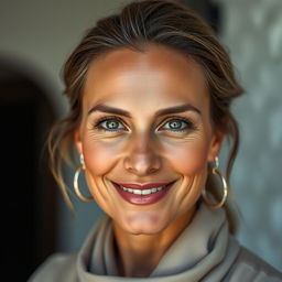 A captivating portrait of a tanned Greek woman, aged between 30 to 40 years, with beautiful, expressive eyes