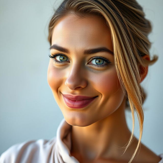 A captivating portrait of a tanned Greek woman, aged between 30 to 40 years, with beautiful, expressive eyes