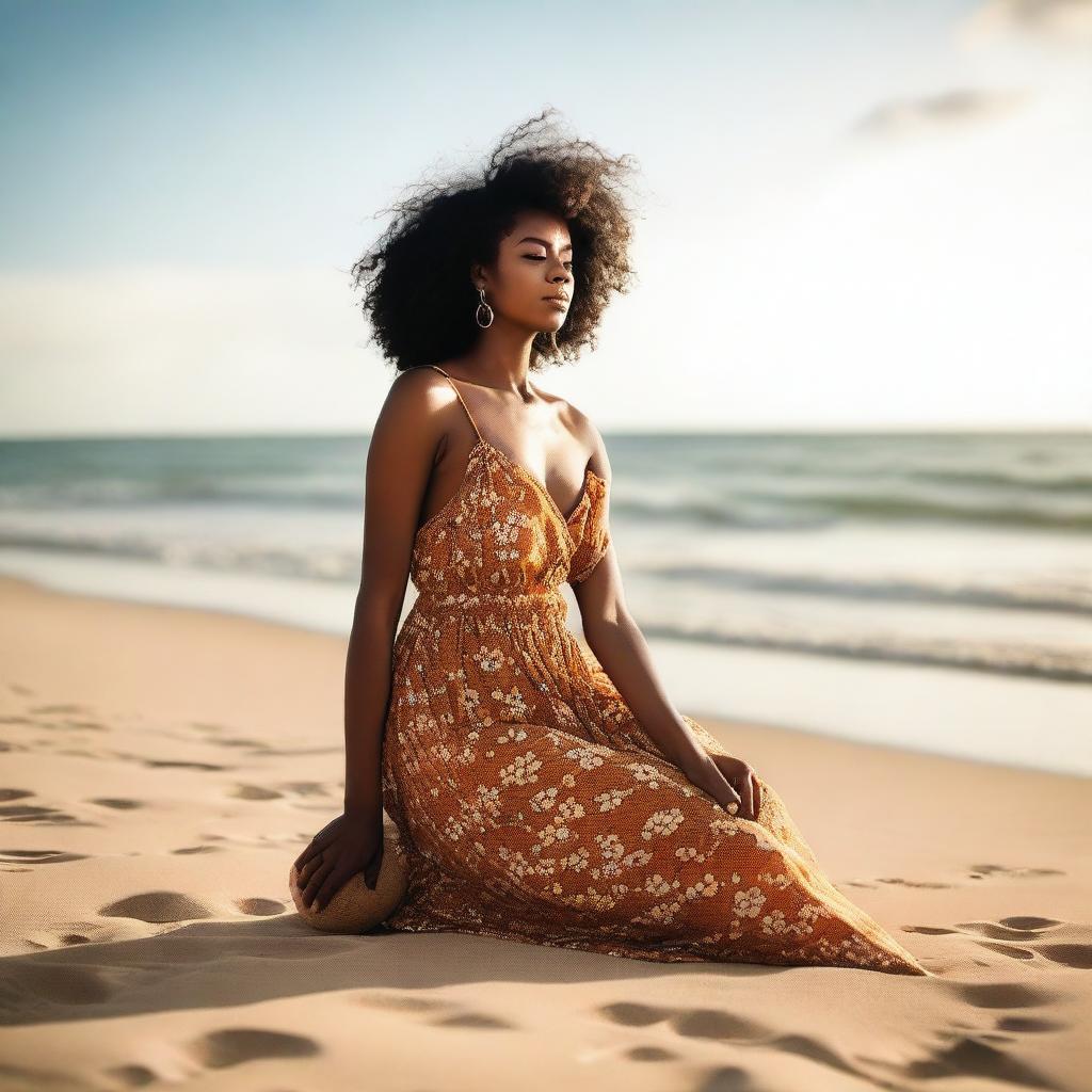 A high-quality photograph of a black woman enjoying a serene moment on the beach