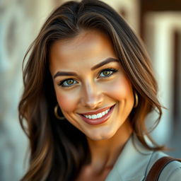 A stunning portrait of a beautiful, tanned Greek woman, aged between 30 to 40 years, with enchanting, expressive eyes