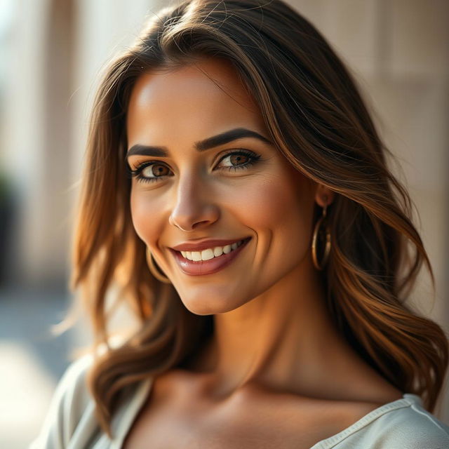 A stunning portrait of a beautiful, tanned Greek woman, aged between 30 to 40 years, with enchanting, expressive eyes