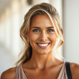 A stunning portrait of a beautiful, tanned Greek woman, aged between 30 to 40 years, with enchanting, expressive eyes