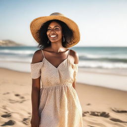 A high-quality photograph of a black woman enjoying a serene moment on the beach