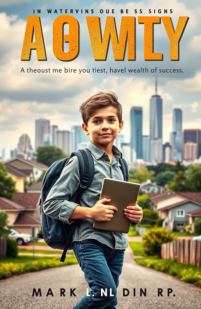 A book cover featuring a determined 16-year-old boy with a business mindset, leaving his family home behind in pursuit of wealth and success