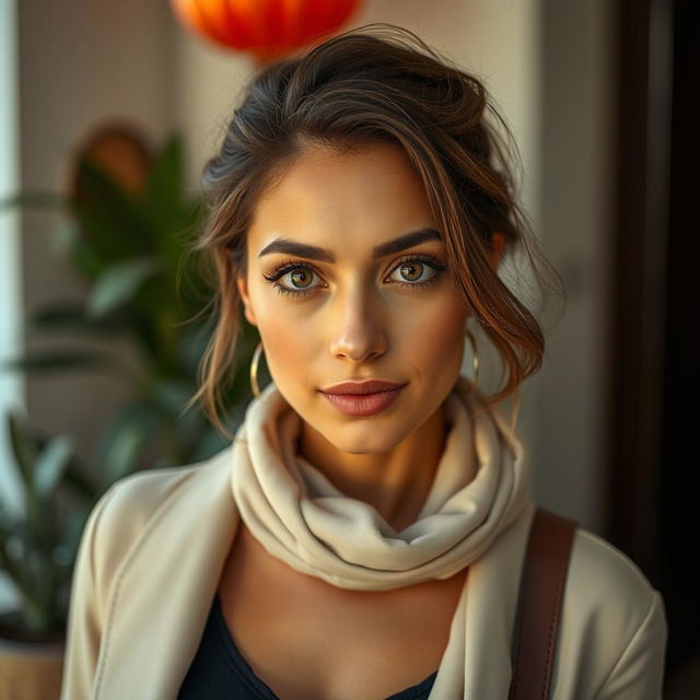 A beautiful olive-skinned Greek woman aged between 30 and 40 years, showcasing striking and beautiful eyes