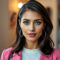 A beautiful olive-skinned Greek woman aged between 30 and 40 years, showcasing striking and beautiful eyes