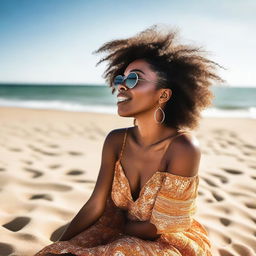 A high-quality photograph of a black woman enjoying a serene moment on the beach