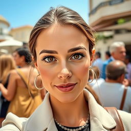 A beautiful olive-skinned Greek woman aged between 30 and 40 years, featuring stunning and captivating eyes