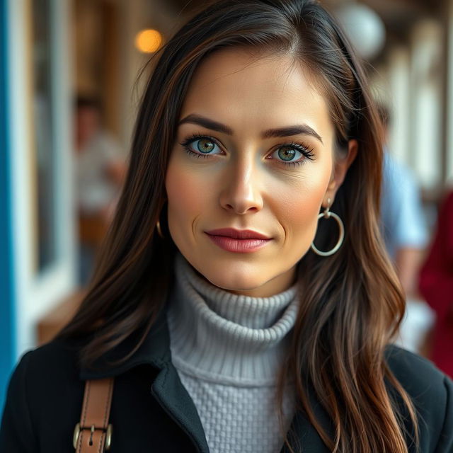 A beautiful olive-skinned Greek woman aged between 30 and 40 years, featuring stunning and captivating eyes