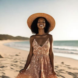 A high-quality photograph of a black woman enjoying a serene moment on the beach