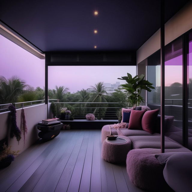 Create a modern, minimalist room for an 18-year-old girl embodying both tomboy and girly aspects. The room has a balcony and features black, blue, purple, grey and white colors with influences from the Sanatan Dharma themes.