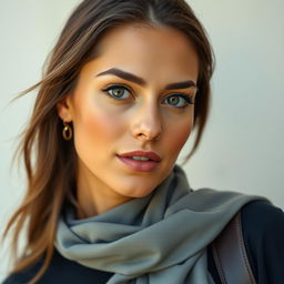 A beautiful olive-skinned Greek woman aged between 30 and 40 years, featuring stunning and captivating eyes