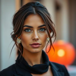 A beautiful olive-skinned Greek woman aged between 30 and 40 years, possessing captivating and beautiful eyes