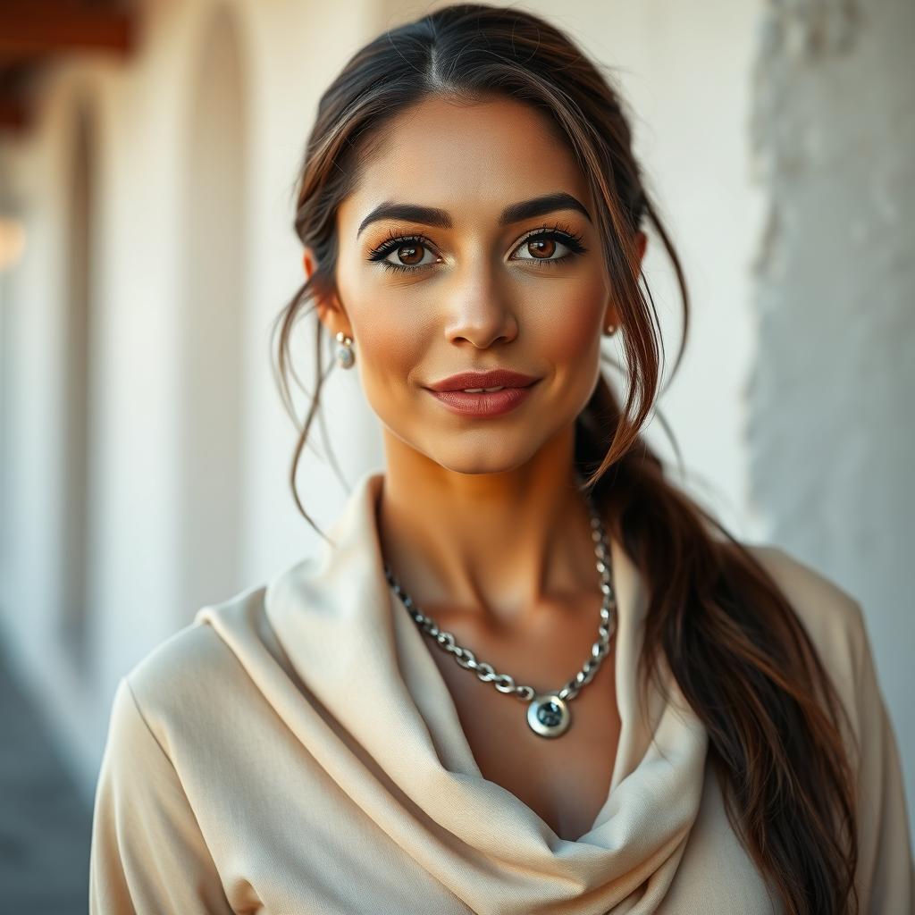 A beautiful olive-skinned Greek woman aged between 30 and 40 years, with mesmerizing and beautiful eyes