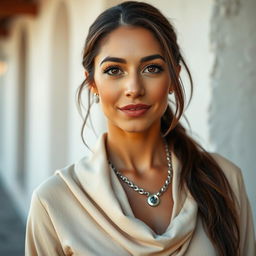 A beautiful olive-skinned Greek woman aged between 30 and 40 years, with mesmerizing and beautiful eyes