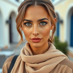 A beautiful olive-skinned Greek woman aged between 30 and 40 years, with mesmerizing and beautiful eyes