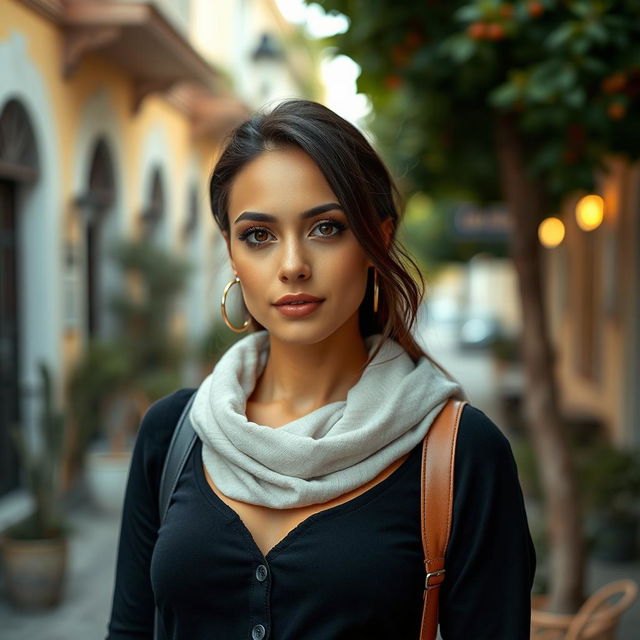 A beautiful olive-skinned Greek woman aged between 30 and 40 years, with striking and beautiful eyes