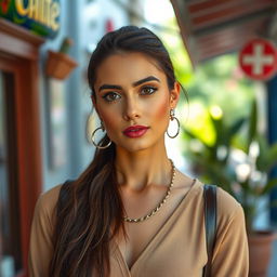 A beautiful olive-skinned Greek woman aged between 30 and 40 years, with striking and beautiful eyes
