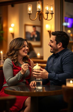 A romantic adult age couple enjoying a playful moment in a cozy café, surrounded by soft candlelight, laughter, and warm smiles